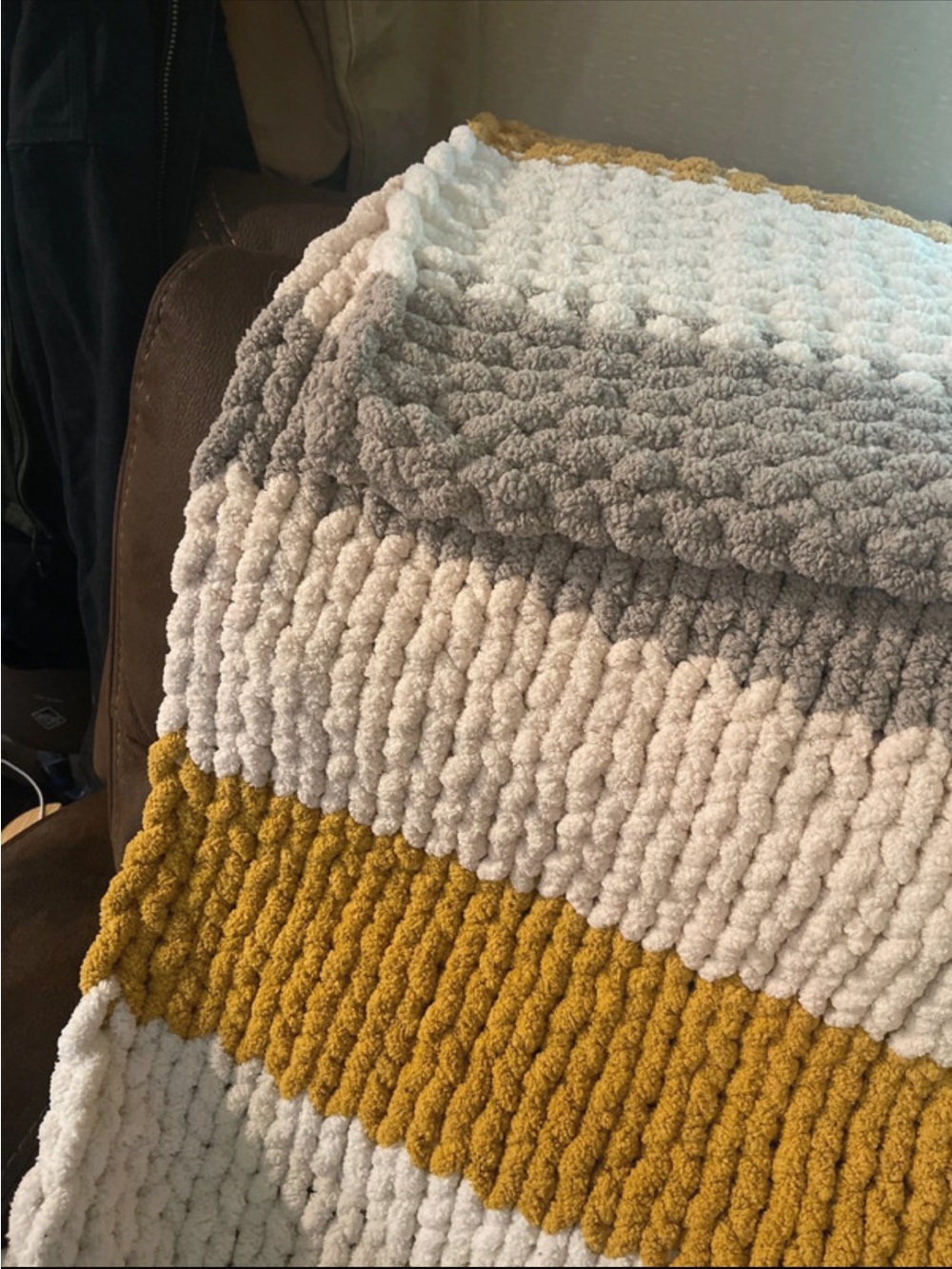 Handmade Chunky Knit Throw Blanket - Mustard Stripe with Cream & Taupe - Picture 2 of 2